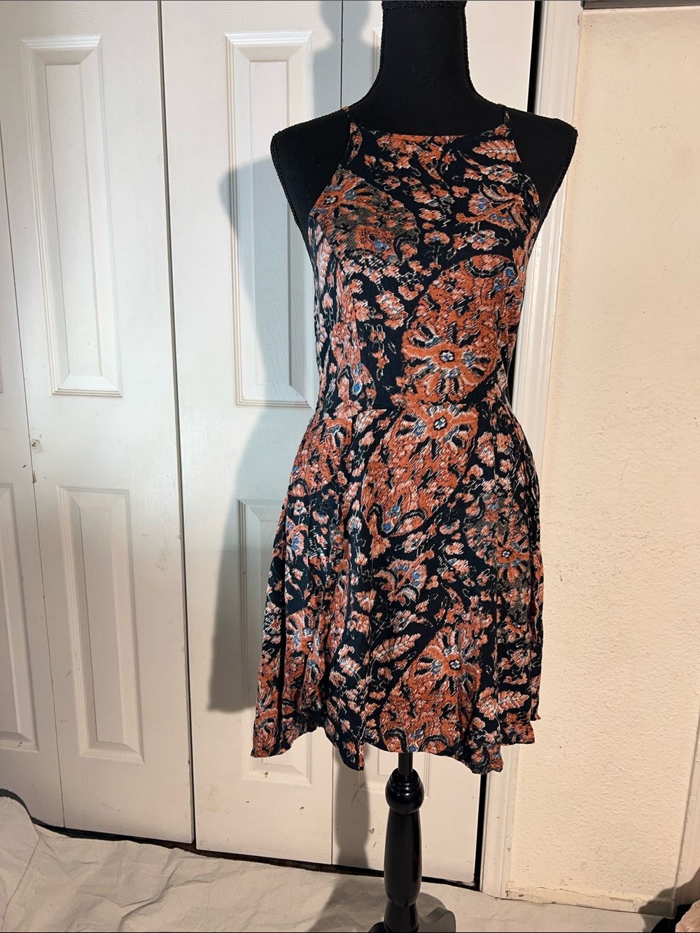Abercrombie & Fitch Black and Rust Floral Halter Mini Dress